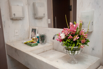 bathroom interior, flowers in a vase, public bathroom, decorated bathroom, flowers in the bathroom,...