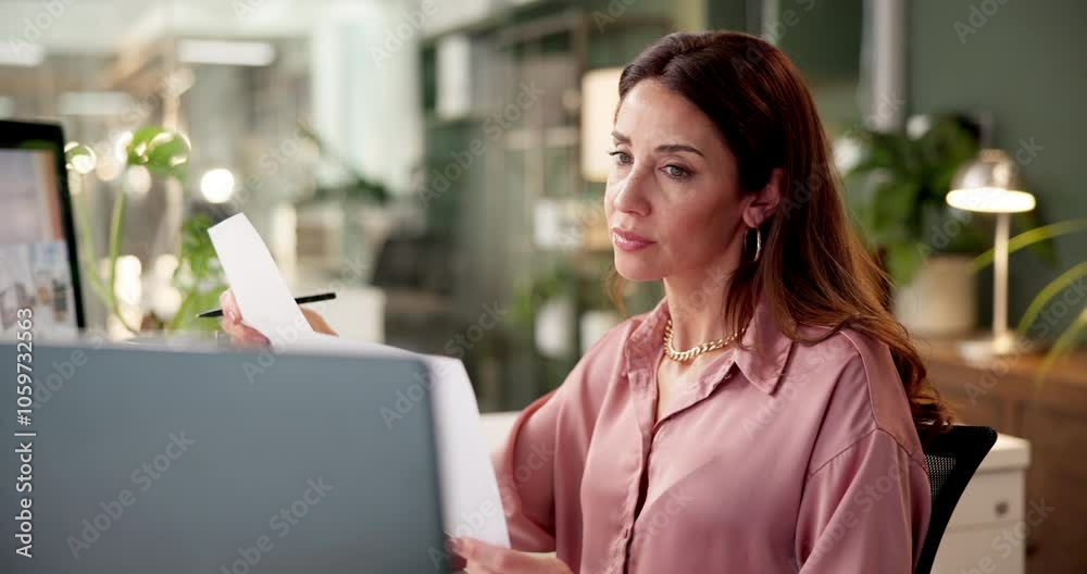 Poster computer, documents and thinking with business woman at desk in office for administration or report.