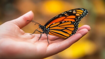 A butterfly flying from a hand, representing freedom and transformation, soft focus, vibrant colors, photorealistic
