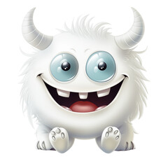Naklejka premium A cheerful cartoon yeti character smiling joyfully with fluffy white fur and big blue eyes