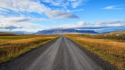 Serene Gravel Road Leading to Majestic Mountains Under Blue Sky