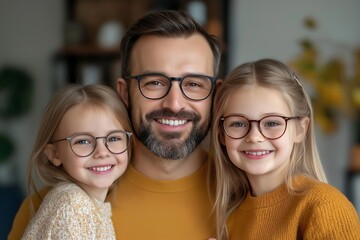 Happy family of four wearing eyeglasses in an optics store, enjoying a cheerful moment together promoting eyewear