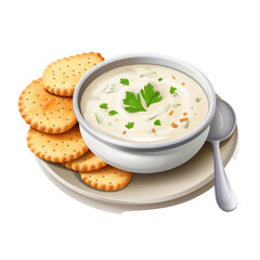 A bowl of creamy soup with crackers served on a plate garnished with fresh herbs