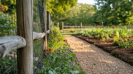A wooden fence lines a pathway leading to vibrant garden beds filled with greenery and colorful flowers in a serene landscape. Generative AI