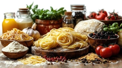 Raw Ingredients for Italian Cuisine on Wooden Table