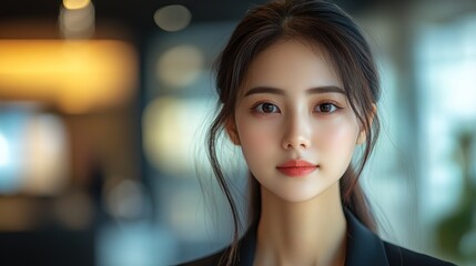 Obraz premium A young woman with long black hair, wearing a black blazer, looks directly at the camera with a serious expression.