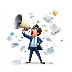 Fototapeta premium A boss shouting through a megaphone at employees who look exhausted and overworked, the environment chaotic with papers and files scattered around