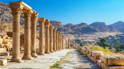 Fototapeta premium Ancient Ruins with Columns Surrounded by Mountains