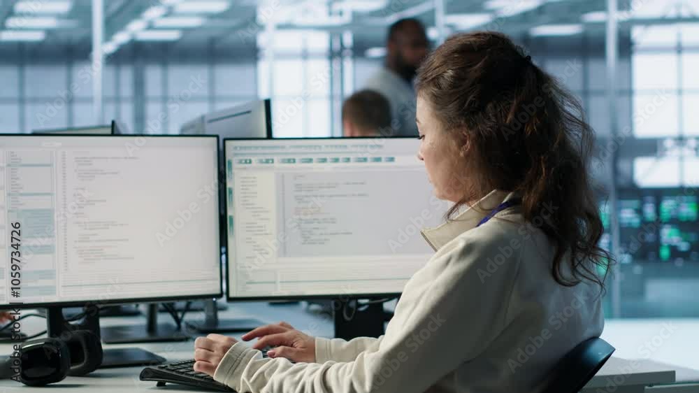 Poster smiling manager in server hub using computer to find firewall misconfigurations affecting rackmounts