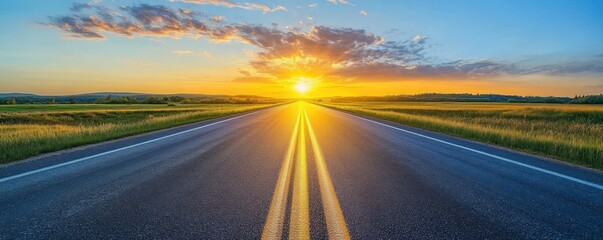 Scenic Road Leading to a Beautiful Sunrise with Vast Open Fields and Clear Blue Sky