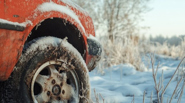 Fototapeta Frost-covered Vintage Car Tire in Winter Landscape