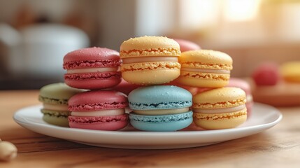 Fototapeta premium A colorful assortment of French macarons is arranged on a white plate, showcasing pastel hues of pink, yellow, blue, and green. The warm sunlight adds a cozy atmosphere