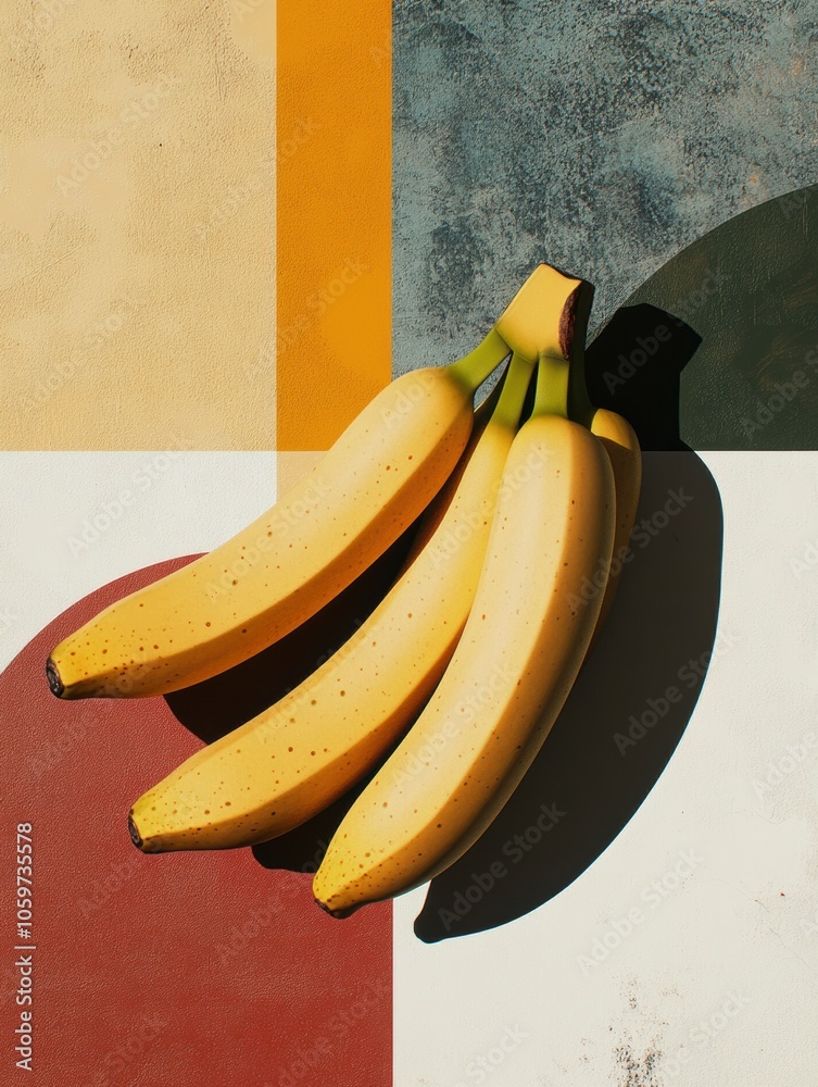 Poster three vibrant bananas rest on a textured background featuring playful geometric shapes in various co