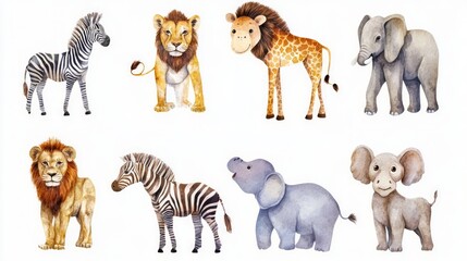 Fototapeta premium Colorful Watercolor Illustrations of African Safari Animals