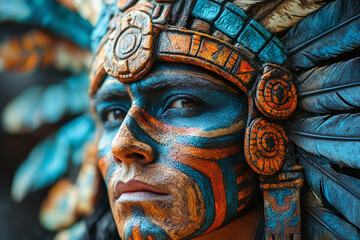 Aztec warrior face paint details with vibrant colors.