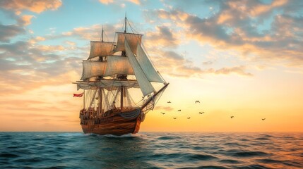 Obraz premium Majestic Sailing Ship Against a Colorful Sunset Sky Over Calm Waters
