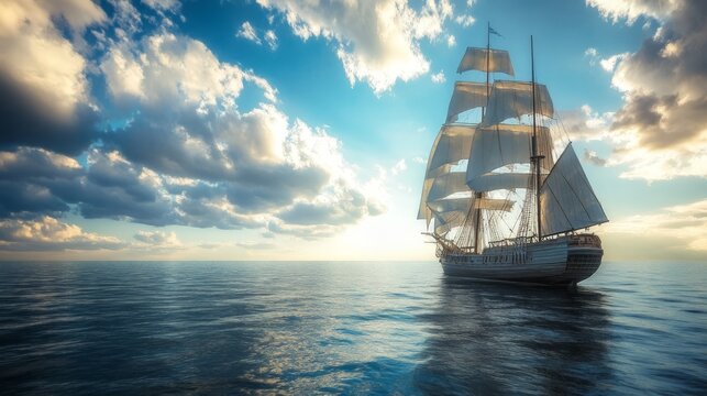 Majestic Tall Ship Sailing at Sunset Over Calm Waters