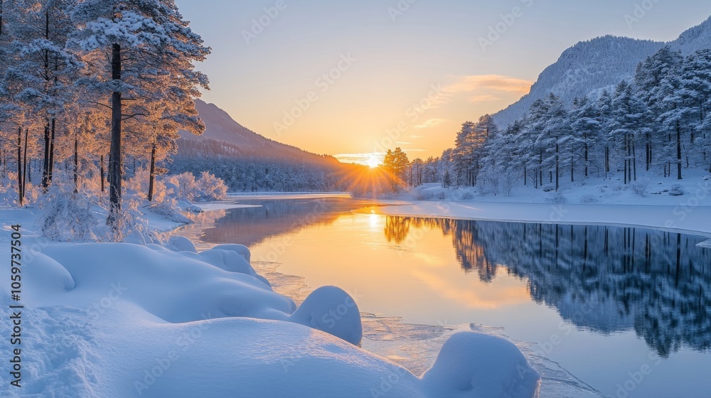 Poster golden sunlight breaks over the horizon, illuminating the calm river and frosted trees in a pristine