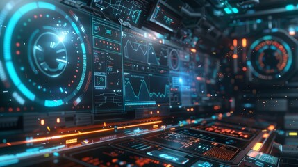 Fototapeta premium Spaceship cockpit interior showing holographic head up display with futuristic interface, data, charts, graphs, and complex information for navigation and control in space travel