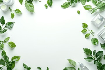 Fototapeta premium Leafy Greenery with Skincare Bottles on White Background in Natural Light Setting