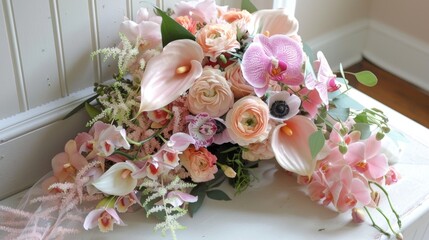 A cascading bridal bouquet of soft pink orchids calla lilies and anemones with hints of wispy greenery for a natural feel.