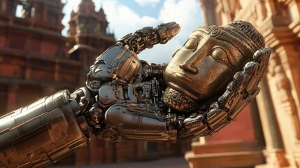 Futuristic Robot Hand Holding Priceless Artifact