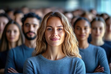 Obraz premium Leading with Confidence: A diverse group of people stand united, with a confident woman leading the way, symbolizing collective strength and unity. 