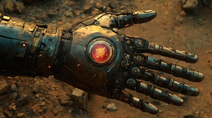 Fototapeta premium Gleaming Robot Hand Cradles Old Artifact