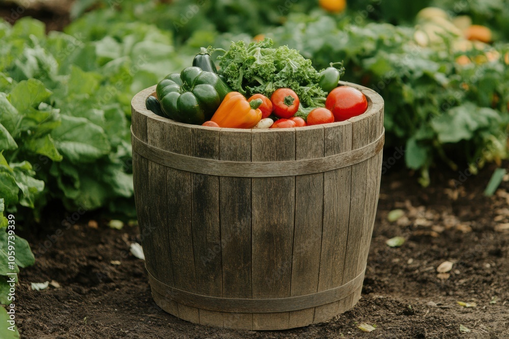Poster Freshly picked vegetables overflow from a wooden bucket set against a lush rural garden backdrop filled with greenery. Generative AI