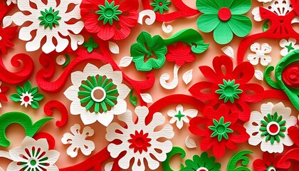 a design that captures the intricate details of papel picado, using green, white, and red to symbolize the Mexican flag.