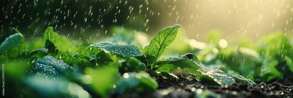 Poster light rain falls gently on a vegetable garden, creating a tranquil atmosphere as droplets collect on