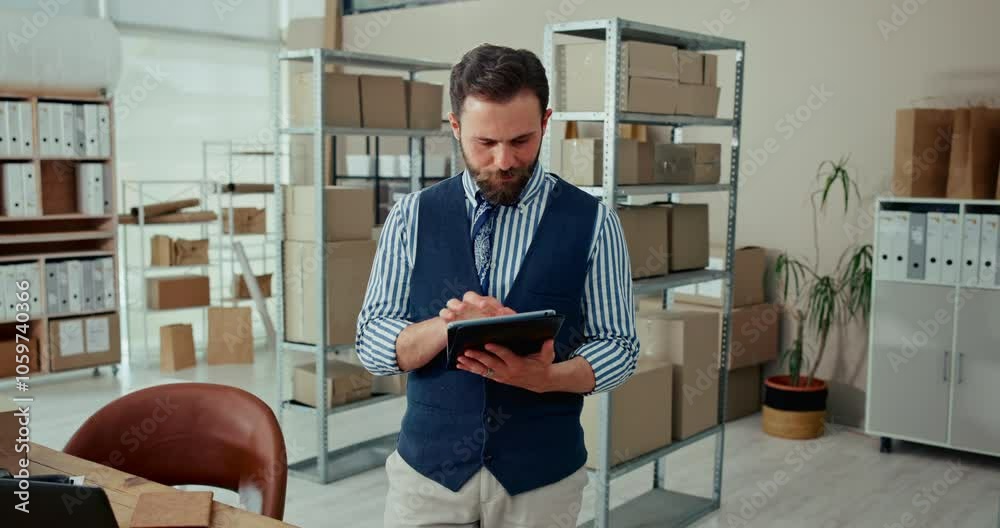 Poster boxes, typing and man with tablet, office and communication for order, ecommerce and entrepreneur. l