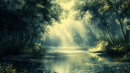 Fototapeta premium Serene Forest Landscape with Sunlight Reflecting on Water