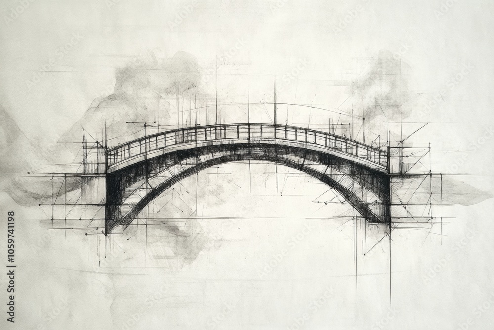 Poster An artistic representation featuring a beautifully arched bridge captured in abstract sketch style with detailed geometric lines. Generative AI