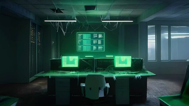 An abandoned office with green glowing computer screens and a dusty floor.