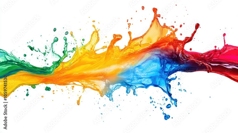 Poster Abstract liquid swirl with bold splashes of vibrant colors, creating a dynamic pattern on white