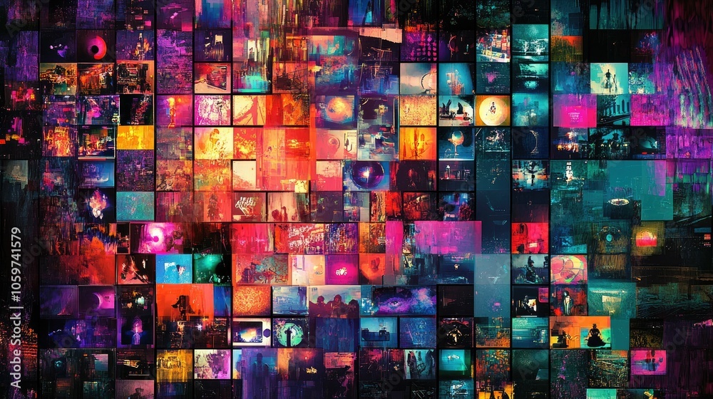 Poster abstract wall of streaming channels, vibrant colors and entertainment images in grid style