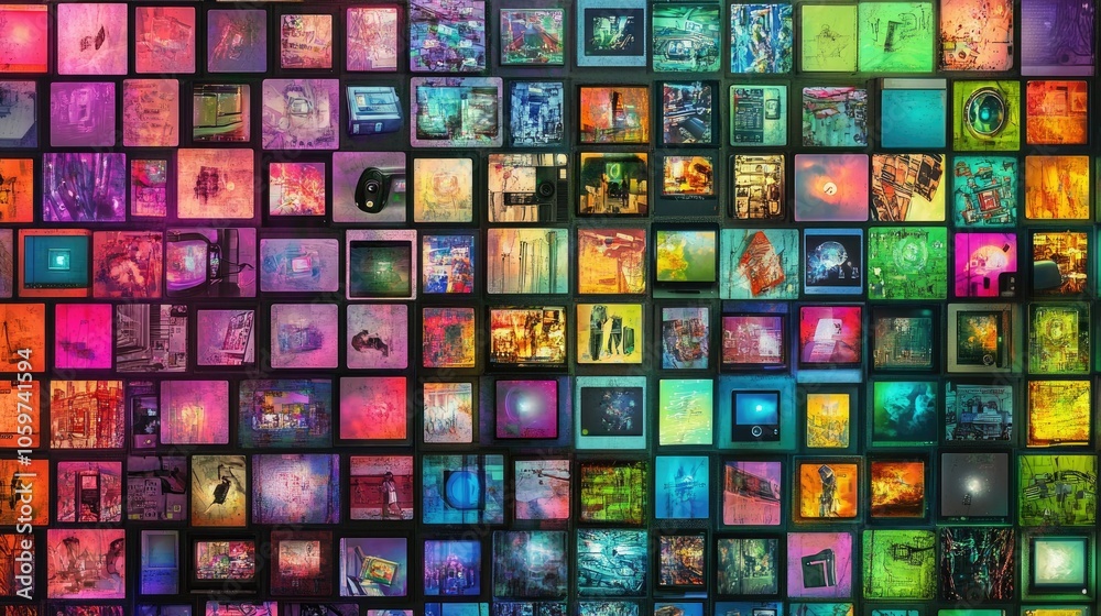 Poster abstract wall of streaming channels, vibrant colors and entertainment images in grid style