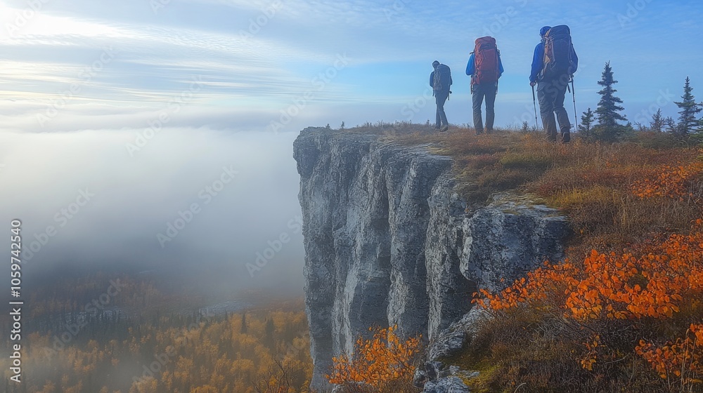 Aufkleber three hikers stand at the edge of a steep cliff, overlooking a fog-covered valley filled with vibran