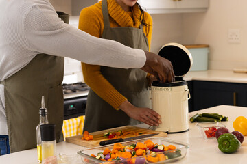 multiracial couple composting vegetable scraps in kitchen, preparing healthy meal together, at home
