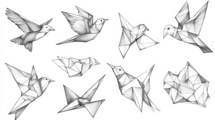 Fototapeta premium Geometric Bird Illustrations in Freehand Sketch Style