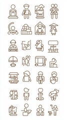 Obraz premium Collection of Minimalist Line Icons Representing Family, Play, and Community Activities