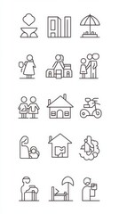 Fototapeta premium Set of Minimalistic Line Icons Representing Family, Home, and Leisure Activities