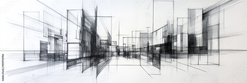 Aufkleber An intricate design features abstract buildings and urban elements, emphasizing the interplay of lines and space in a contemporary city. Generative AI