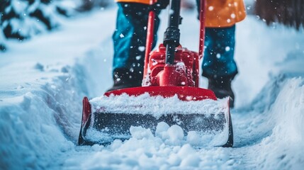 Homeowner clears a narrow path in the snow using a small snowblower on a winter morning