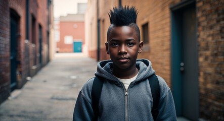 Obraz premium African Teen Boy with Mohawk in Casual Hoodie in Urban Alley Vintage Portrait