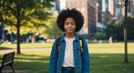 African Teen Girl with Natural Hair in Casual Outfit in Urban Park Vintage Portrait