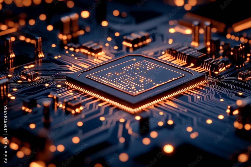 Poster a vivid close-up image showcasing the intricate design of an illuminated circuit board centered arou