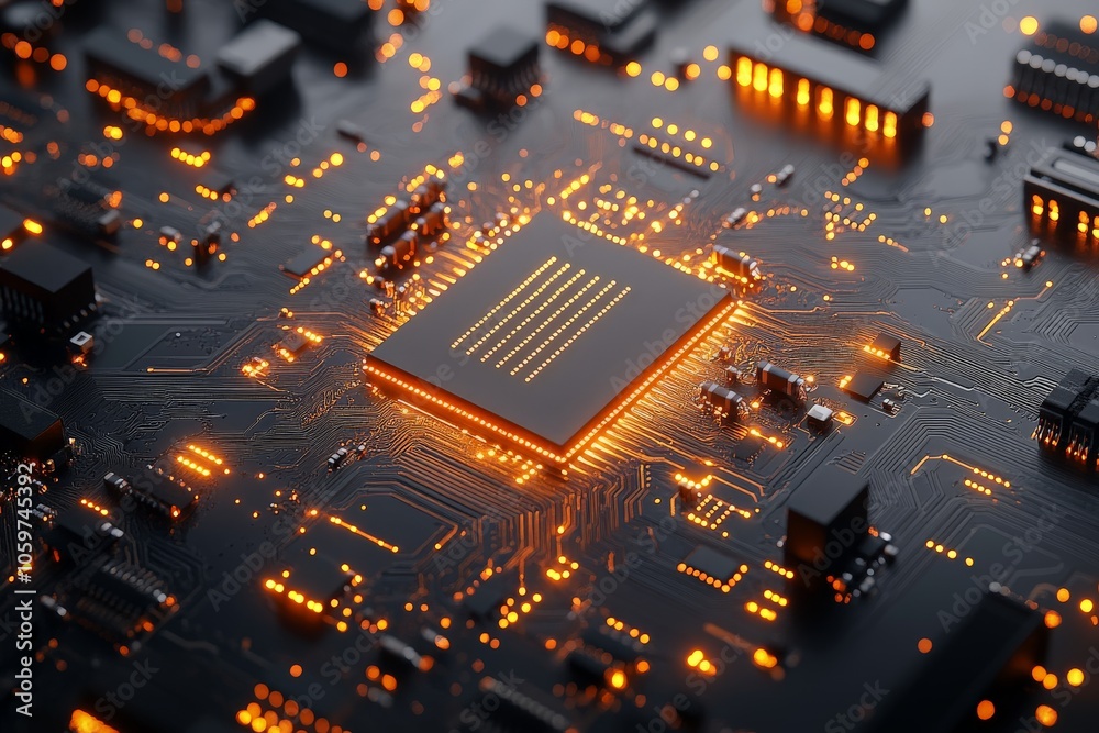 Poster a detailed depiction of a circuit board, focusing on a brightly highlighted microprocessor, represen