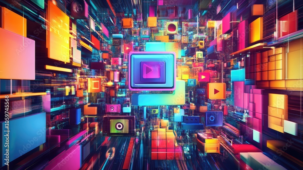 Poster streaming and tv video channels, dynamic background with digital media, colorful tech and entertainm